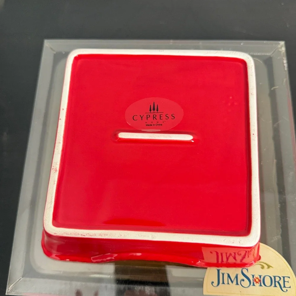 Jim Shore Cypress Home Red Ceramic Napkin Holder Set Holiday Snowman Fleur DeLis